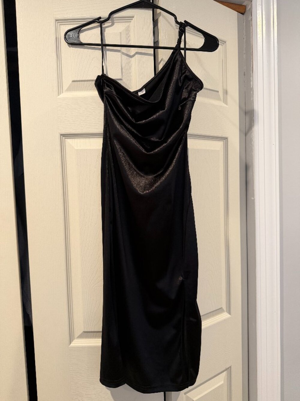 Black Satin One-Shoulder Slip Dress XS